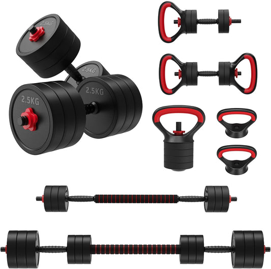 JOROTO Verstelbare Dumbbell Set, 10KG/30KG Gewichten Dumbbell Set met Pluggen, 4 in1 Workout Gewicht voor Home Gym Barbell, Kettlebells, Push up Stand Fitnessapparatuur