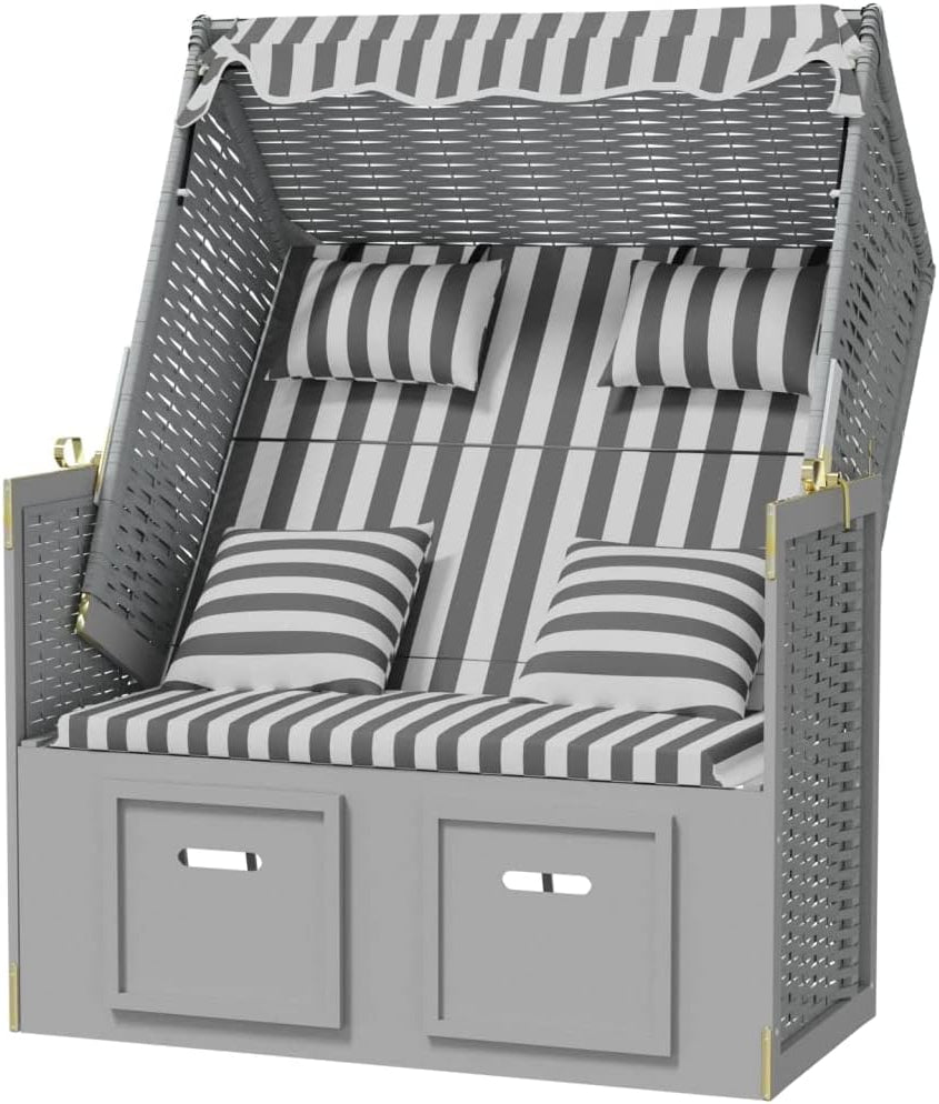 vidaXL Beach Chair with Cushions Poly Rattan and Solid Wood Grey White, Beach Corb, Beach Sofa, Lounger, Seating Chair, Beach Furniture, Beach Corbs, Seating Chairs - QUORE