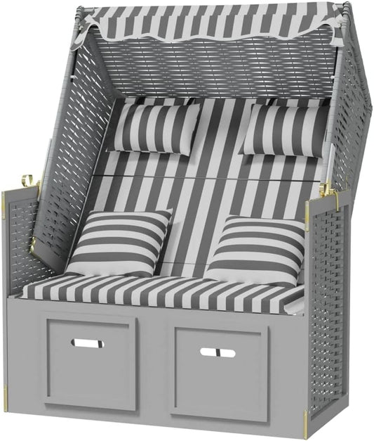 vidaXL Beach Chair with Cushions Poly Rattan and Solid Wood Grey White, Beach Corb, Beach Sofa, Lounger, Seating Chair, Beach Furniture, Beach Corbs, Seating Chairs - QUORE