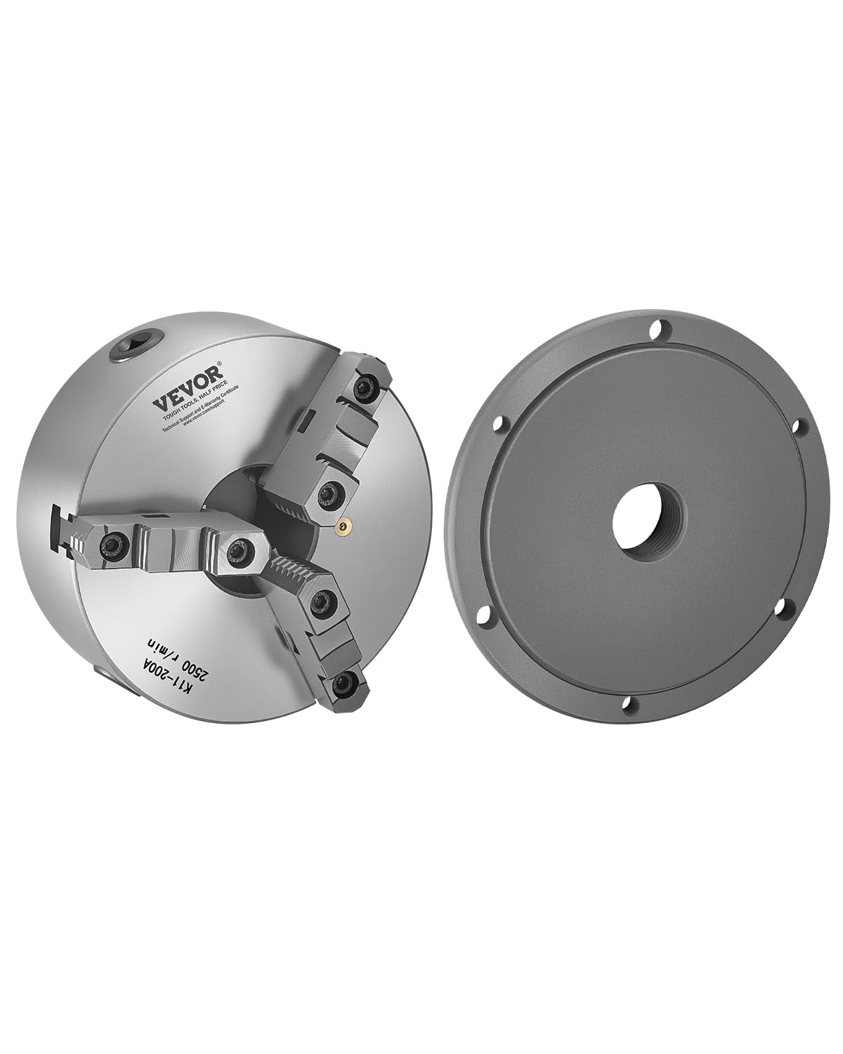 VEVOR 3-jaw lathe holder, 200 mm, self-centering chuck with 2 1/4"-8 threaded support plate, 4-200 mm clamping range with T-wrench screws, HT300 material, for wood-metal lathe