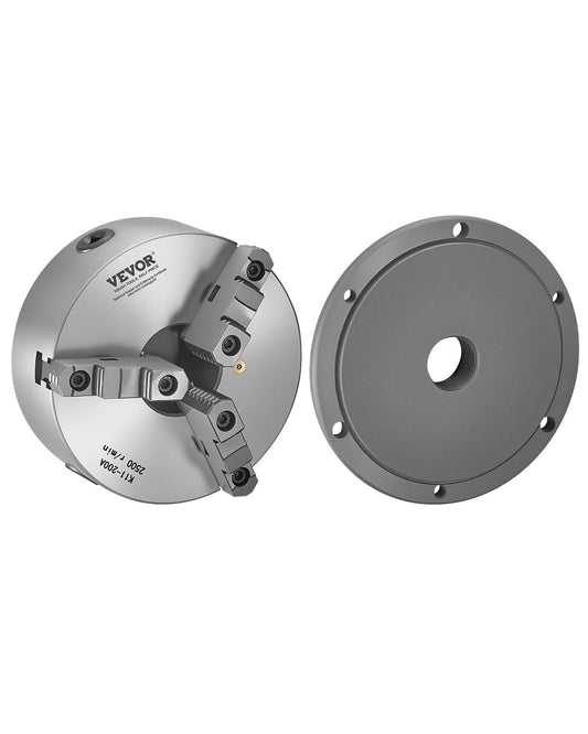 VEVOR 3-jaw lathe holder, 200 mm, self-centering chuck with 2 1/4"-8 threaded support plate, 4-200 mm clamping range with T-wrench screws, HT300 material, for wood-metal lathe