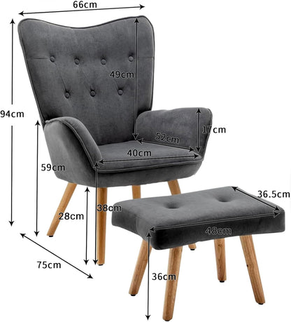 HollyHOME Comfortable Armchair with Footstool Living Room Chair Velvet Accent Chairs Cozy Relaxing Armchairs Reading Chair Bedroom, Dark Grey