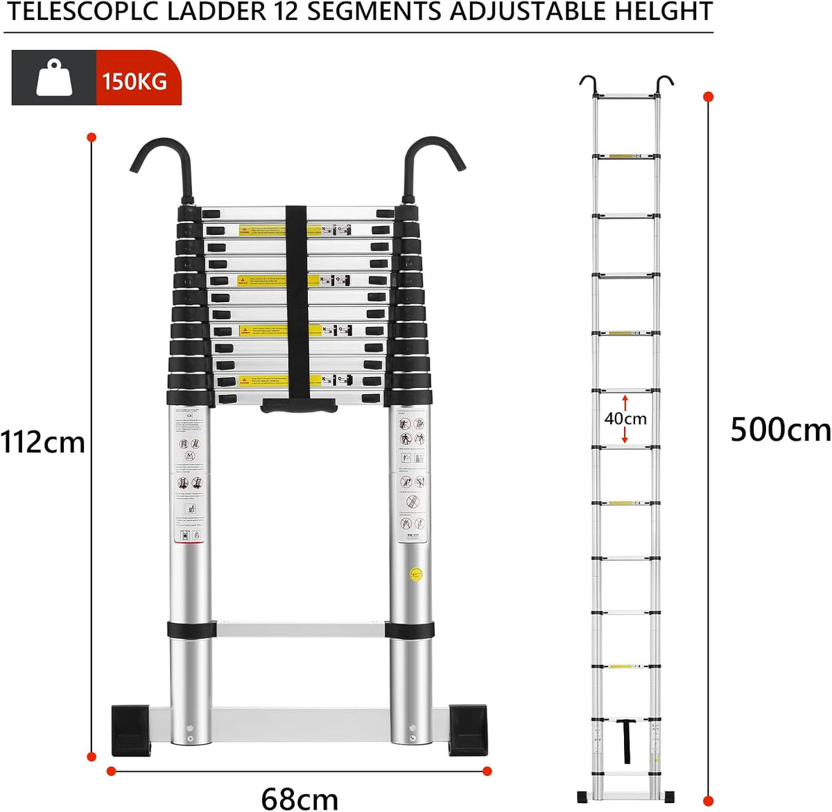 STANEW Telescopische Ladder 5m, Uitschuifbare Ladder van Aluminium met 2 afneembare haken en balansbalk, Belastbaar tot 150 kg