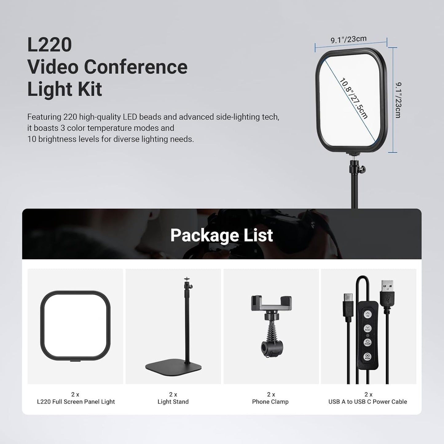 NEEWER Basics L220 Videolamp, 27,9 cm (10,8 inch), met houder, 15 W, Bi-Color Edge Lit Full Screen Desk Light CRI95+ voor laptop, webcam, zoom, calls, streaming-opnames, 2 stuks