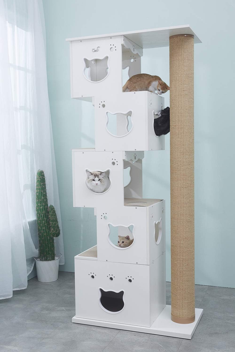 Krabpaal – Kattenkrabmeubel – Kattenklimtoren – Kattenboom – Kattenspeelmeubel – Wit Houtdesign – 200 cm Natuurlijk Sisal