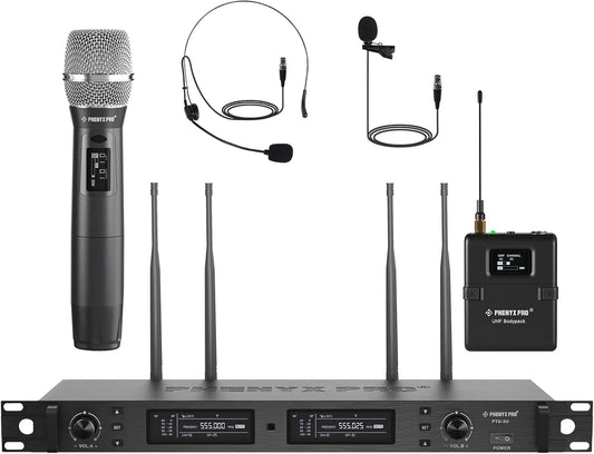 Phenyx Pro Draadloos microfoonsysteem, True Diversity Dual Draadloze Microfoon Set w/UHF HandheldMicrofoon/Bodypack/Headset/Revers Microfoons, Auto Scan, 2x1000 Kanalen voor Podium & Studio
