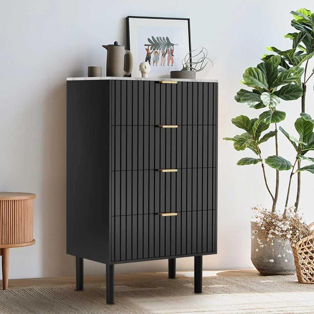Ladekast – Dressoir – Opbergkast – Commode – Ladekast met 4 Laden – Scandinavisch Design – Kleurig Marmeren Blad – 60x34x93 cm – Zwart Hout en IJzer