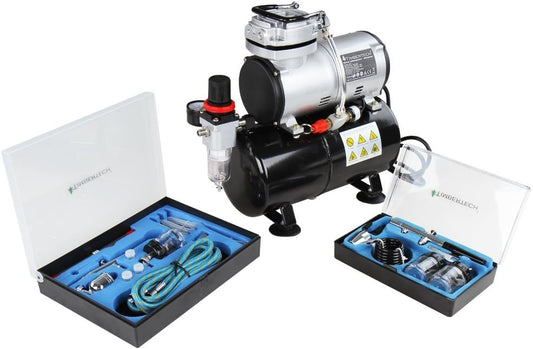 Timbertech Airbrush Kit met Compressor ABPST06 met krachtige 1/6 HP Airbrush Compressor met tank en 2 Airbrush Gun Kits voor Airbrush Schilderen Make-up Nail en Tattoo Studio's Hobby en ga zo maar