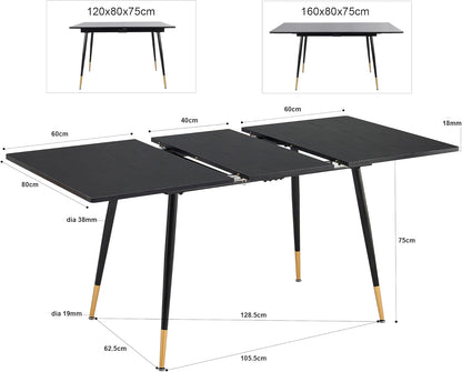 MEUBLE COSY Eettafel, uittrekbaar, keukentafel voor 4-6 personen, retro industriële eetkamertafel, metalen frame, voor eetkamer keuken, zwart en goudkleurig, 120-160x80x75cm