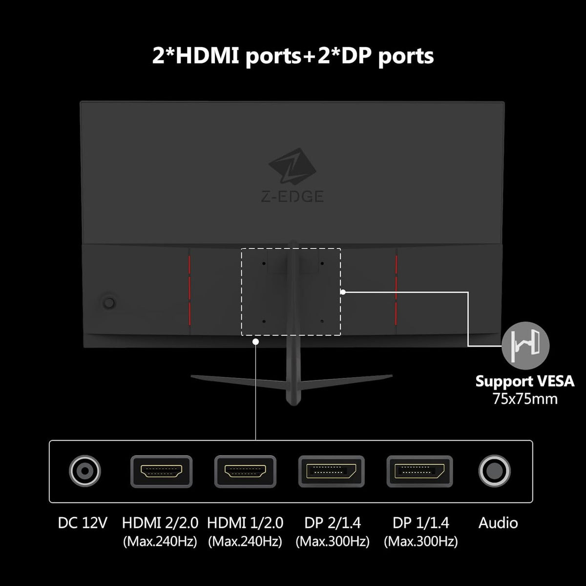 Z-Edge Gaming Monitor 25'' 300Hz (DP1.4×2), IPS Panel, 240Hz (HDMI2.0×2), 1ms, FHD 1080P, FreeSync, LED Gaming Monitor, Adjustable Tilt, Bordure Ultra-Fine, VESA 75 * 75mm(DP Cable Included)