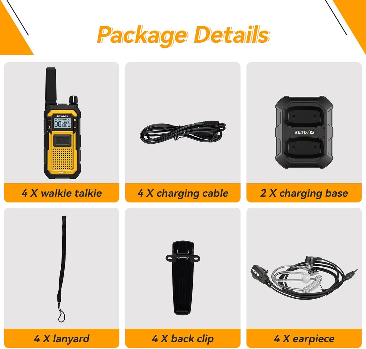 Retevis RB648 Walkie Talkie, IP67 Waterdichte Tweewegradio, Dubbele PTT, SOS-Vibratie, 2000mAh, Heavy-Duty Walkie-Talkie met Oortelefoon voor Bouwplaatsaannemers (4 Stuks, Geel)