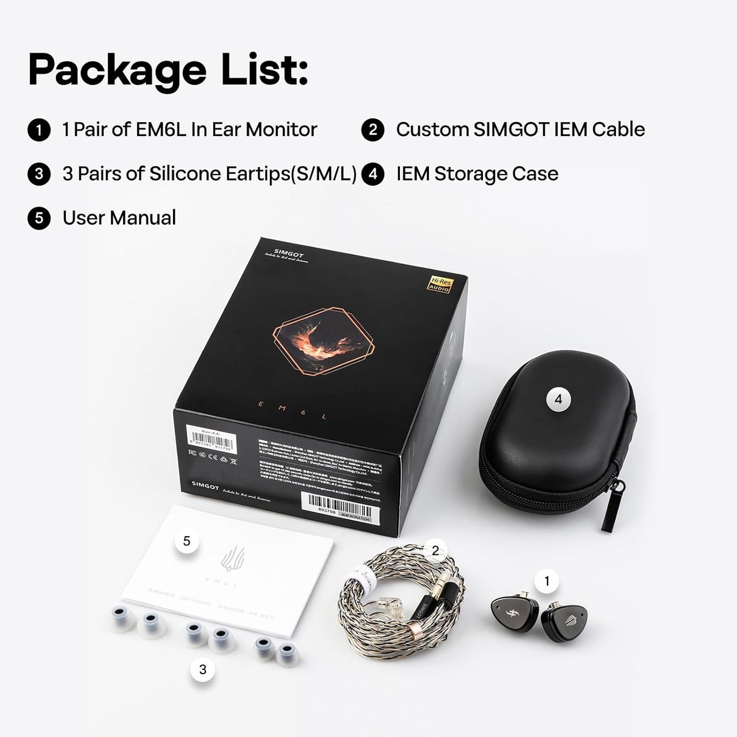 Linsoul SIMGOT EM6L 1DD + 4BA hybride driver in ear monitor, Gaming-oordopjes, hifi IEM-oortelefoon met 3D-geprinte harsbehuizing, afneembare OFC verzilverde kabel voor muzikant en audiofiel