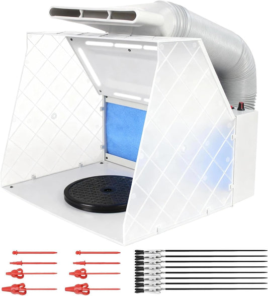 ABEST Airbrush-cabine, verstelbare krachtige ventilator en 4 ledlampen, 2-laags filter met 7,5 inch draaiplateau, 16 krokodillenstokken voor schilderen, modelbouw en handwerk