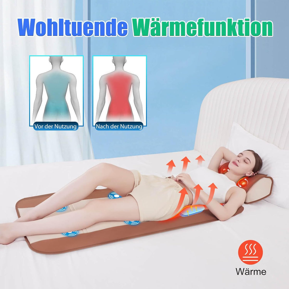Massagemat voor het hele lichaam met warmte – Rugmassagepad – Massagekussen – Massagematras – Ontspanningsmat – 4 Massagemodi – 3D-Lendenwerveltractie – Verstelbare Taille voor 1,5 M - 1,8 M