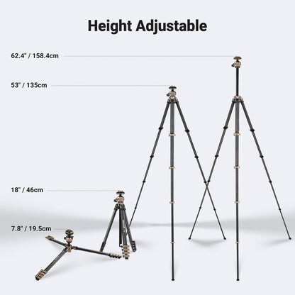 Reisstatief – Camera Statief – Fotostatief – Videostatief – Tripod – Koolstofvezel – 16,5 tot 155 cm – Draagvermogen 10 kg