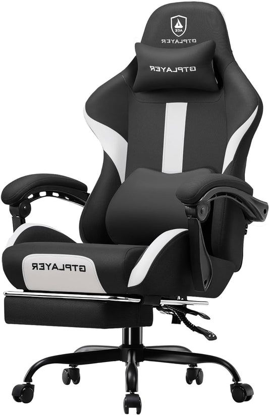 GTPLAYER Gaming Chair, Gamer Chair, Breathable Office Chair Made of High Quality Fabric, Ergonomic PC Chair, Adjustable and Swivel Office Chair with Footrest, Black - QUORE
