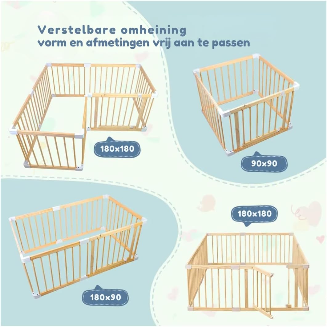 Kaëru Wooden Playpen for Babies – Baby Park – Crawling Box – Safe and spacious play area – 180x180x61cm – With white connectors – Perfect for crawling and playing - QUORE