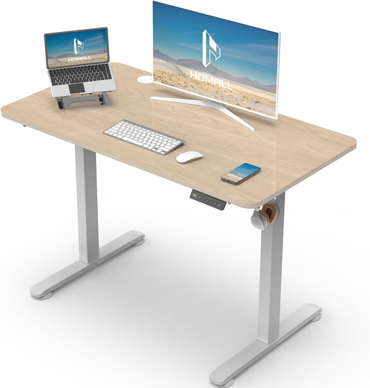 Homall Desk, sitting, standing, 100 x 60 cm, electric height adjustable desk, 3 memory positions, anti-collision system, headphone hook, beige