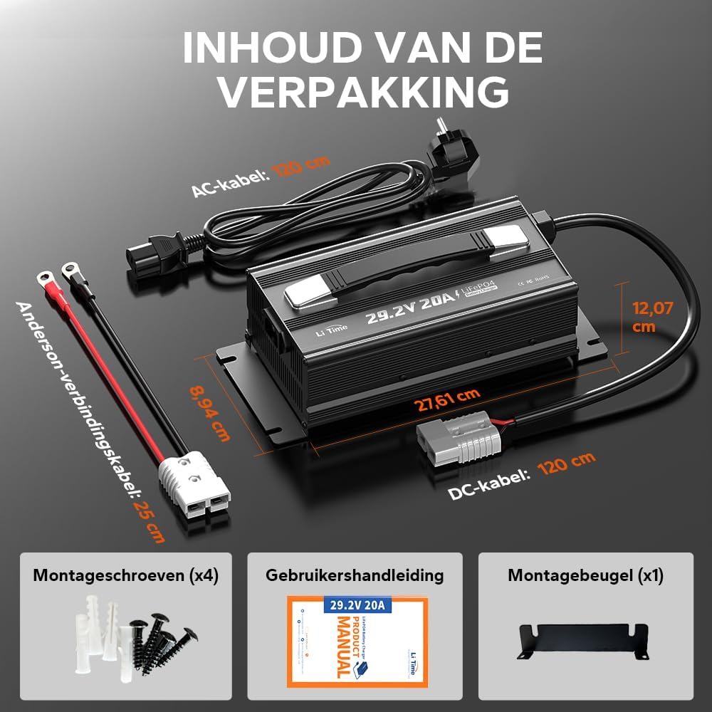 LiTime 29,2V 20A LiFePO4 Lithium Batterijlader, Opzetbare LiFePO4 Acculader met Koelventilator en Meerdere Veiligheidsbeveiligingen, Li-ion Acculader is Ontworpen voor het Opladen van LiFePO4-accu's