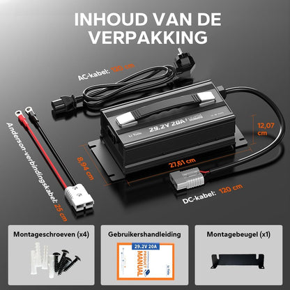 LiTime 29,2V 20A LiFePO4 Lithium Batterijlader, Opzetbare LiFePO4 Acculader met Koelventilator en Meerdere Veiligheidsbeveiligingen, Li-ion Acculader is Ontworpen voor het Opladen van LiFePO4-accu's