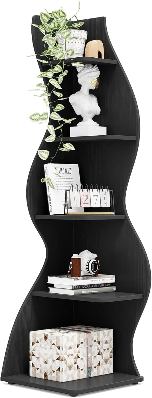 Tribesigns Corner Shelf, 178 cm High, Storage Shelf, Bookcase, Plant Stand, Organizer, 5 Levels, Modern, for Home, Office, Living Room, Bedroom, Balcony, Black, 1 Piece