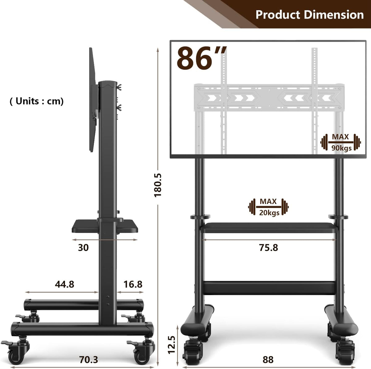 RFIVER Grote tv-standaard op wielen voor 50, 55, 60, 65, 70, 75, 80, 83, 86 inch, LCD-led, OLED, flatpanel-plasma-tv, rollende tv-kar met plank, wielen, max. VESA 800 x 600, tot 90 kg.