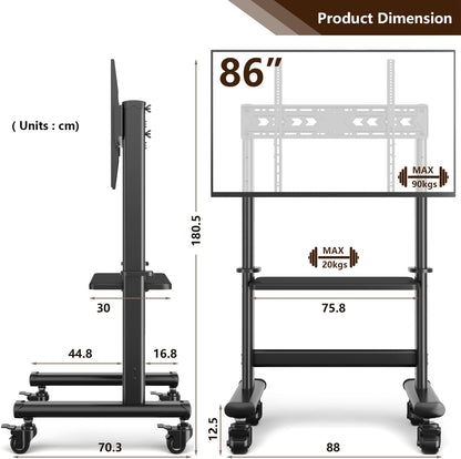 RFIVER Grote tv-standaard op wielen voor 50, 55, 60, 65, 70, 75, 80, 83, 86 inch, LCD-led, OLED, flatpanel-plasma-tv, rollende tv-kar met plank, wielen, max. VESA 800 x 600, tot 90 kg.