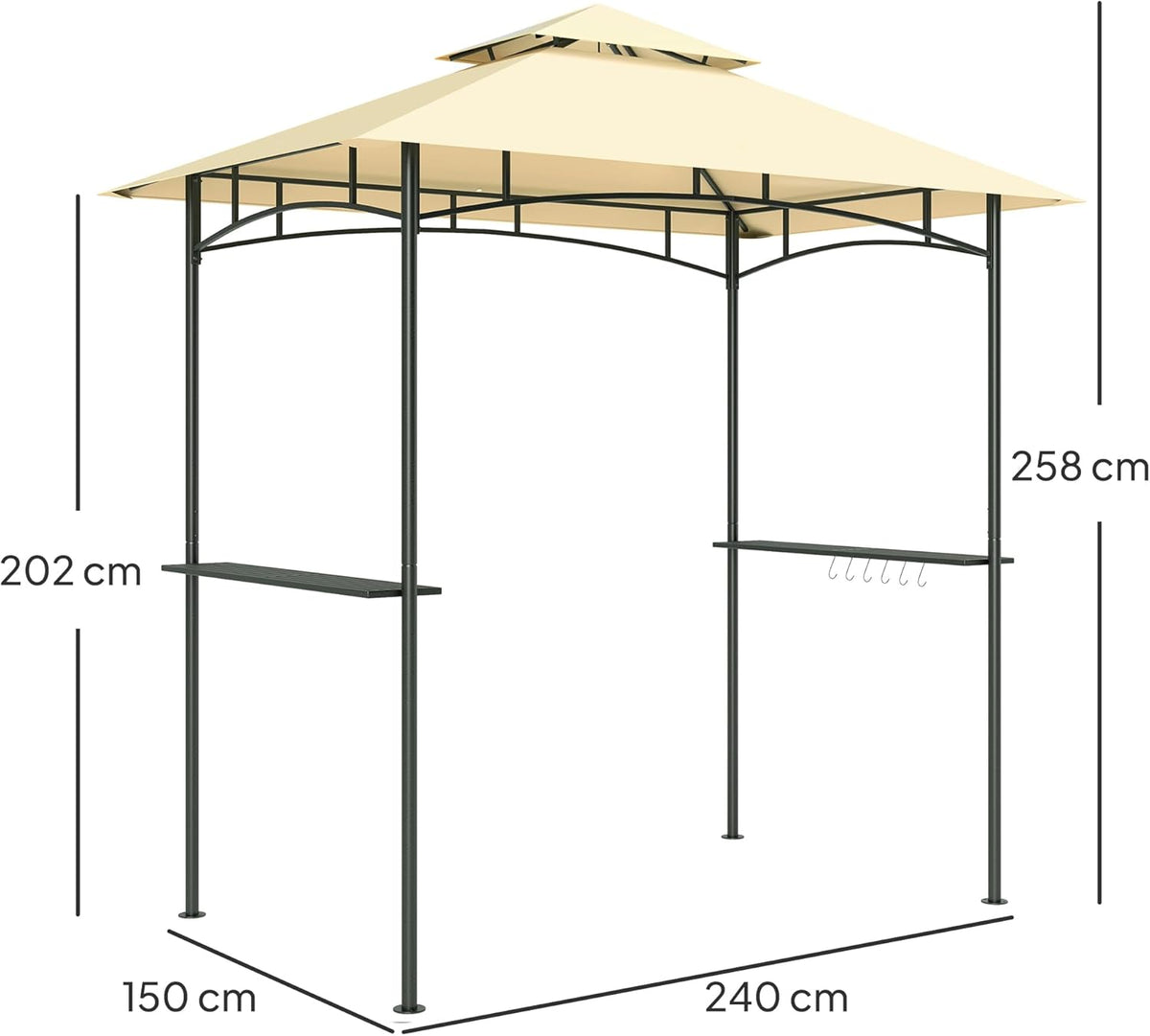 Grillpaviljoen – Barbecue Overkapping – BBQ Tent – Tuinpaviljoen – Grillhut – Dubbellaags Dak – Water- en Vlamvertragend – Met Zijplanken en LED Verlichting – 240x150x258 cm – Stalen Frame
