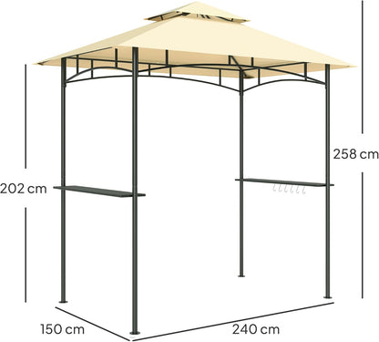Grillpaviljoen – Barbecue Overkapping – BBQ Tent – Tuinpaviljoen – Grillhut – Dubbellaags Dak – Water- en Vlamvertragend – Met Zijplanken en LED Verlichting – 240x150x258 cm – Stalen Frame