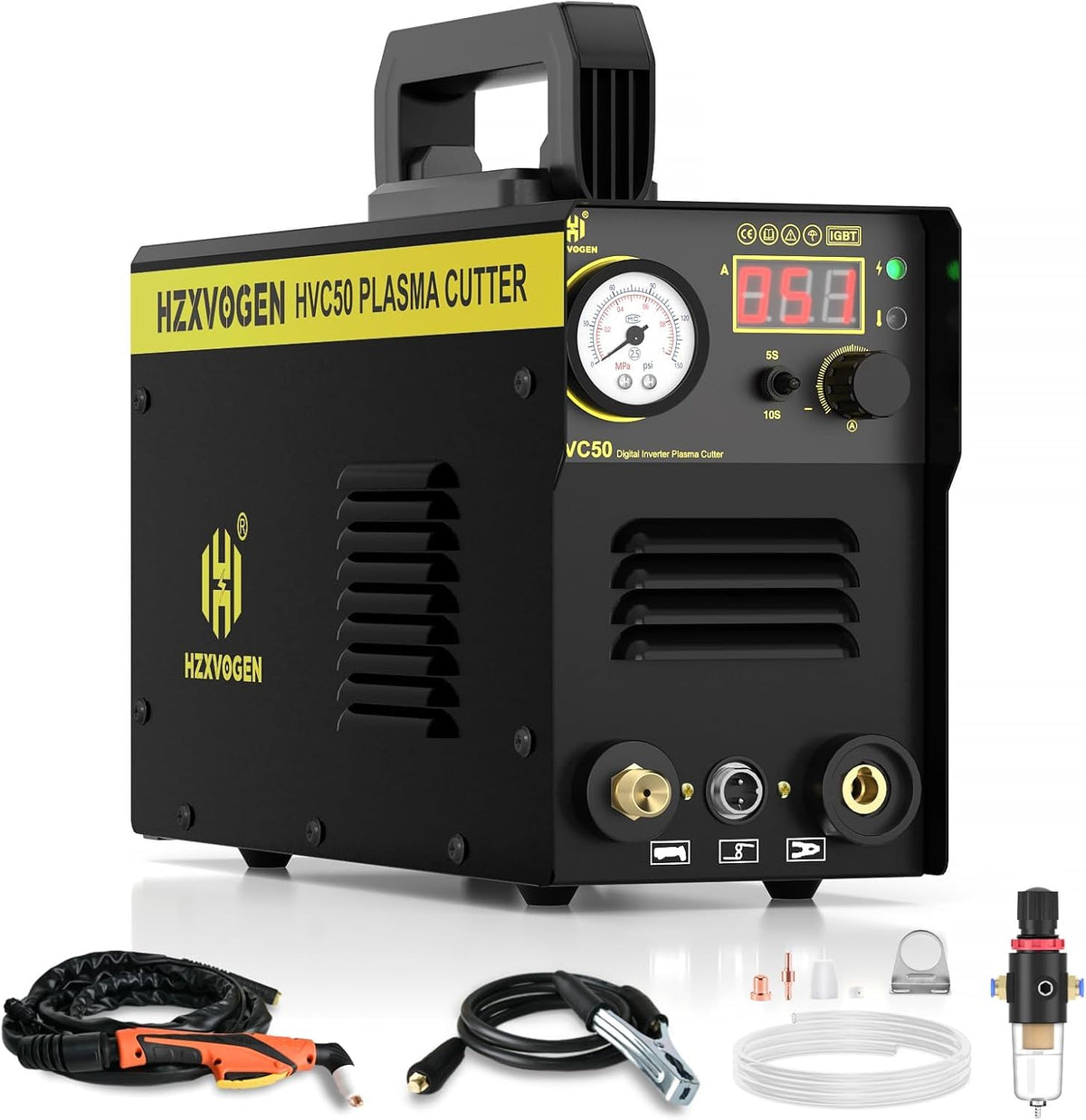 H HZXVOGEN Plasmasnijder, 50A Draagbare HF-luchtplasmasnijder met digitaal display en nabewerking, 230V DC IGBT-inverter, 1/3 inch schone snede voor beginners doe-het-zelf (HVC50)