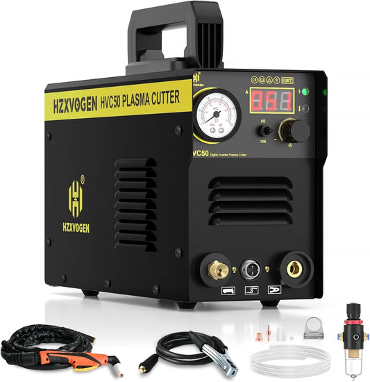 H HZXVOGEN Plasmasnijder, 50A Draagbare HF-luchtplasmasnijder met digitaal display en nabewerking, 230V DC IGBT-inverter, 1/3 inch schone snede voor beginners doe-het-zelf (HVC50)
