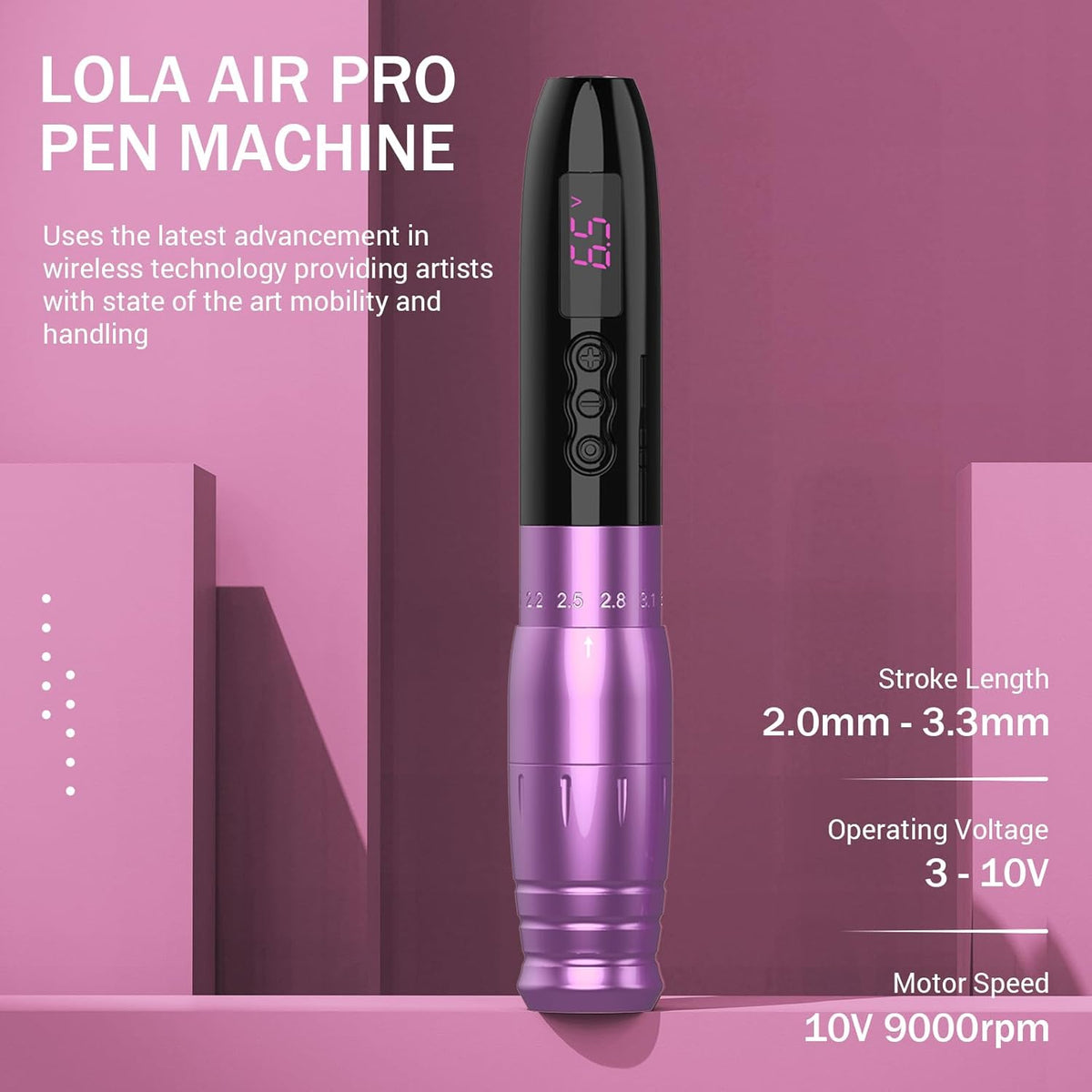 EZ Draadloze Tatoeage Machine - 6 Beroertes 2.0mm-3.3mm Permanente Makeup Tatoeage Machine met Extra 1000mAh Batterijvermogen SMP voor Tatoeëerders en Beginners (LOLA AIR PRO Paars)