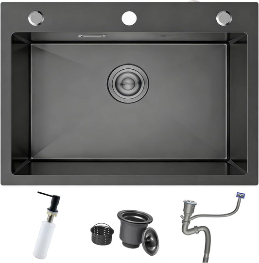 Zwarte gootsteen, 60 x 45 cm Drop in Topmount roestvrijstalen gootsteen, diepe outdoor enkele kom met 3 kraangaten, zeepdispenser en sifon, voor kleine keuken, bar, restaurant