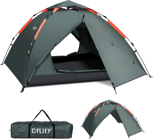 Campingtent, 3-persoons Instant pop-up tent, waterdichte drielaagse automatische koepeltent, grote lichtgewicht 4 seizoenen tent, backpacktent met afneembare regenvlieg 2 uitbreidbare veranda