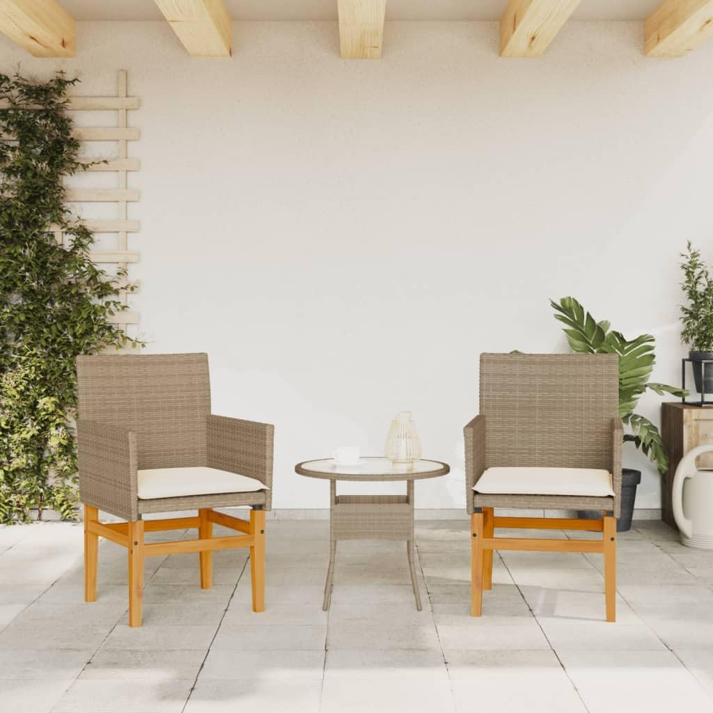LAPOOH 368716 Garden Chairs with Cushions, PE Rattan, Beige and Acacia Wood, Garden Chairs with Cushions, Patio Chairs - QUORE