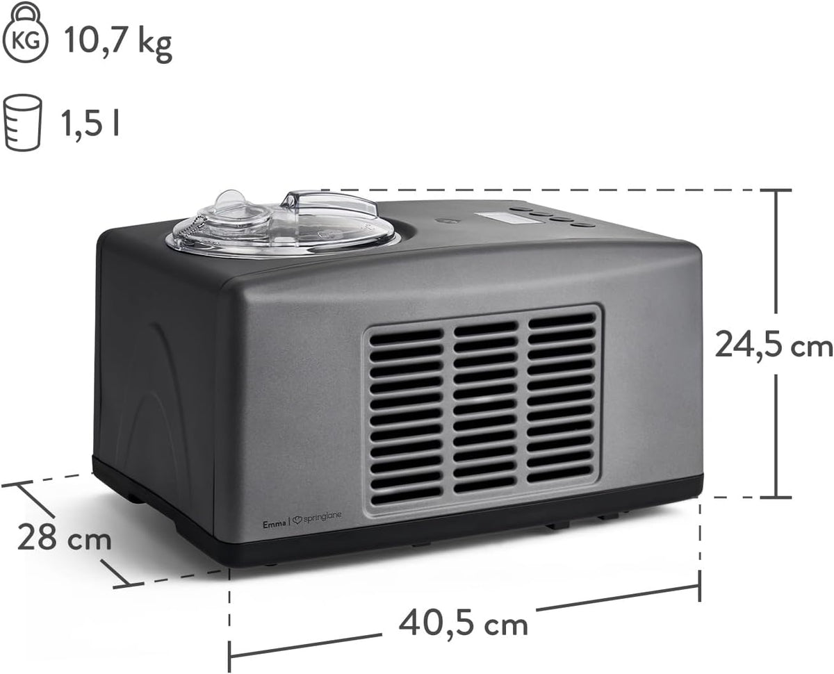 SPRINGLANE Emma IJsmachine 1,5 l met zelfkoelende compressor 150 W, van roestvrij staal met uitneembare ijshouder, incl. receptenboekje (antraciet, ijsmachine)