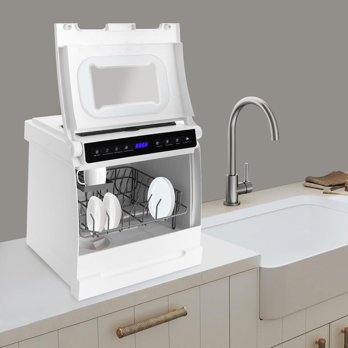 Mini-vaatwasser, tafelvaatwasser, 6 programma's, 5 liter tank, vaatwasser, klein, 360° reinigingsafdekking, voor woningen, slaapzalen, boten en kampeerders, wit