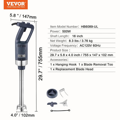 VEVOR Commerciële staafmixer, 500 W, handmixer, dompelstang, 406 mm, draagbare mixer, traploos variabele snelheid, met lemmet van roestvrij staal, voor soep, saus, puree, levensmiddelen, crème