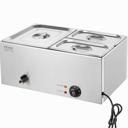 VEVOR Dressoir met 3 bakken, elektrische badkuip, 16 l, 1200 W, verwarmd dressoir van roestvrij staal, instelbare temperatuur 30-85 °C, voor het verwarmen van levensmiddelen, catering, avond, feest