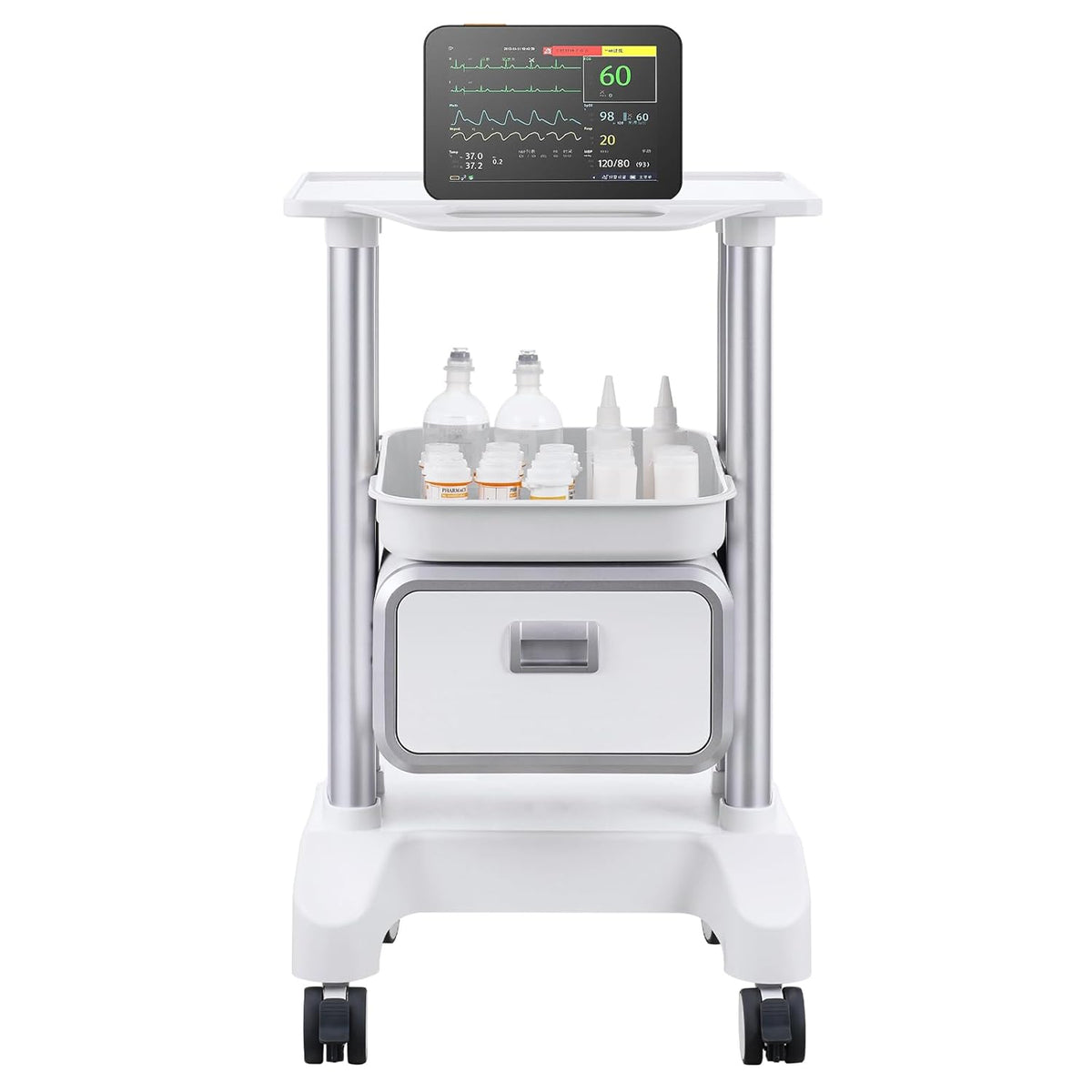 VEVOR Laboratoriumwagen met 2 niveaus, mobiele medische trolley met 1 lade en 1 bovenste plank, verzorgingswagen met ABS-materiaal, 4 stille wielen, voor laboratorium, kliniek, ziekenhuis, woonkamer,