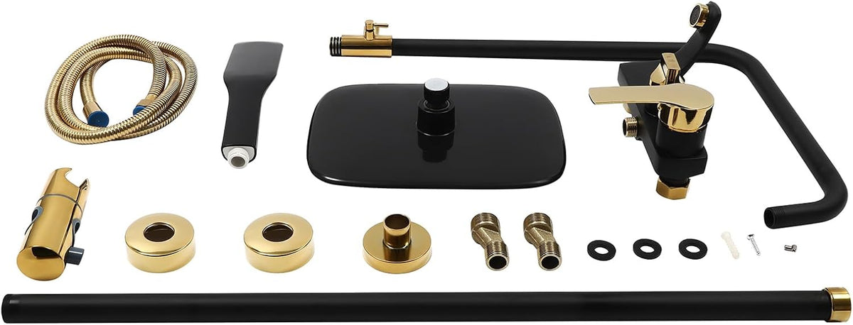 OUKANING Shower Faucet with Rain Shower, Brass Stainless Steel and ABS, Shower System Shower Set, 3 Water Outlet Modes, Indoor Housewarming Gift (Black, Gold) - QUORE
