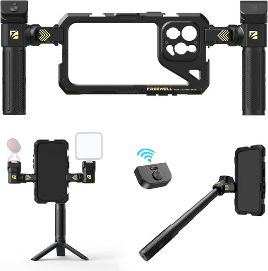 Freewell Multifunctionele Genius Rig Cage zonder gereedschap voor smartphone, snelle installatie, statief- en monopod-handgrepen, Bluetooth-afstandsbediening voor iPhone 15 Pro Max
