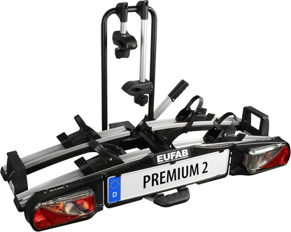 EUFAB 11521 Premium ll Fietsendrager voor trekhaak, geschikt voor e-bikes.,zwart & EUFAB 11579 Strap-framehouder aan beide zijden, afsluitbaar, 15 cm lengte,Zwart