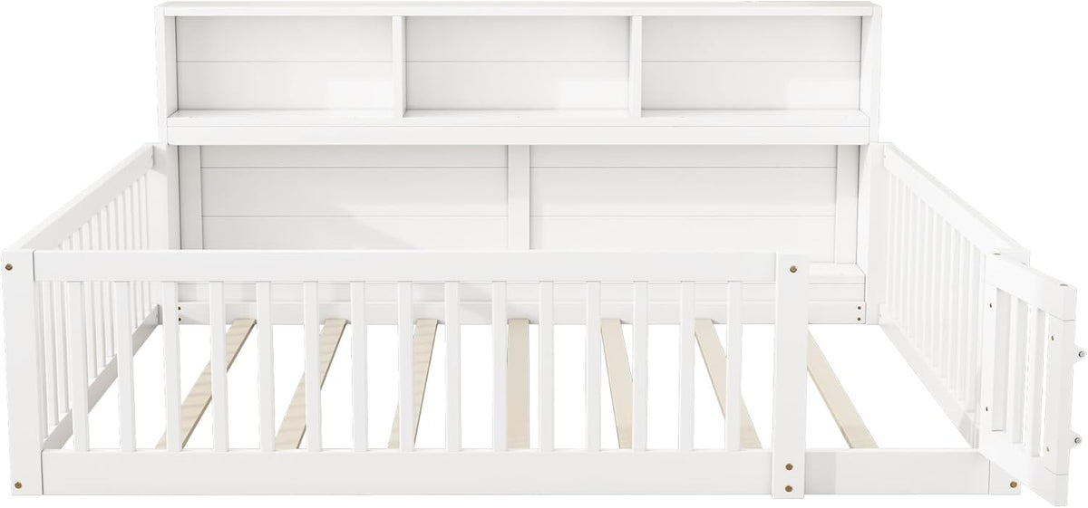 Children's Bed with Slatted Frame, Fall Protection, Rack and Fence, Youth Bed, Storage Room, Wooden Bed, Pine (White, 140 x 200 cm) - QUORE