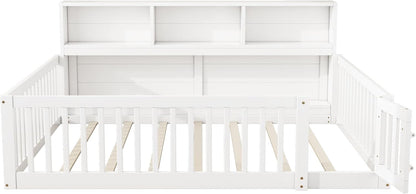Children's Bed with Slatted Frame, Fall Protection, Rack and Fence, Youth Bed, Storage Room, Wooden Bed, Pine (White, 140 x 200 cm) - QUORE