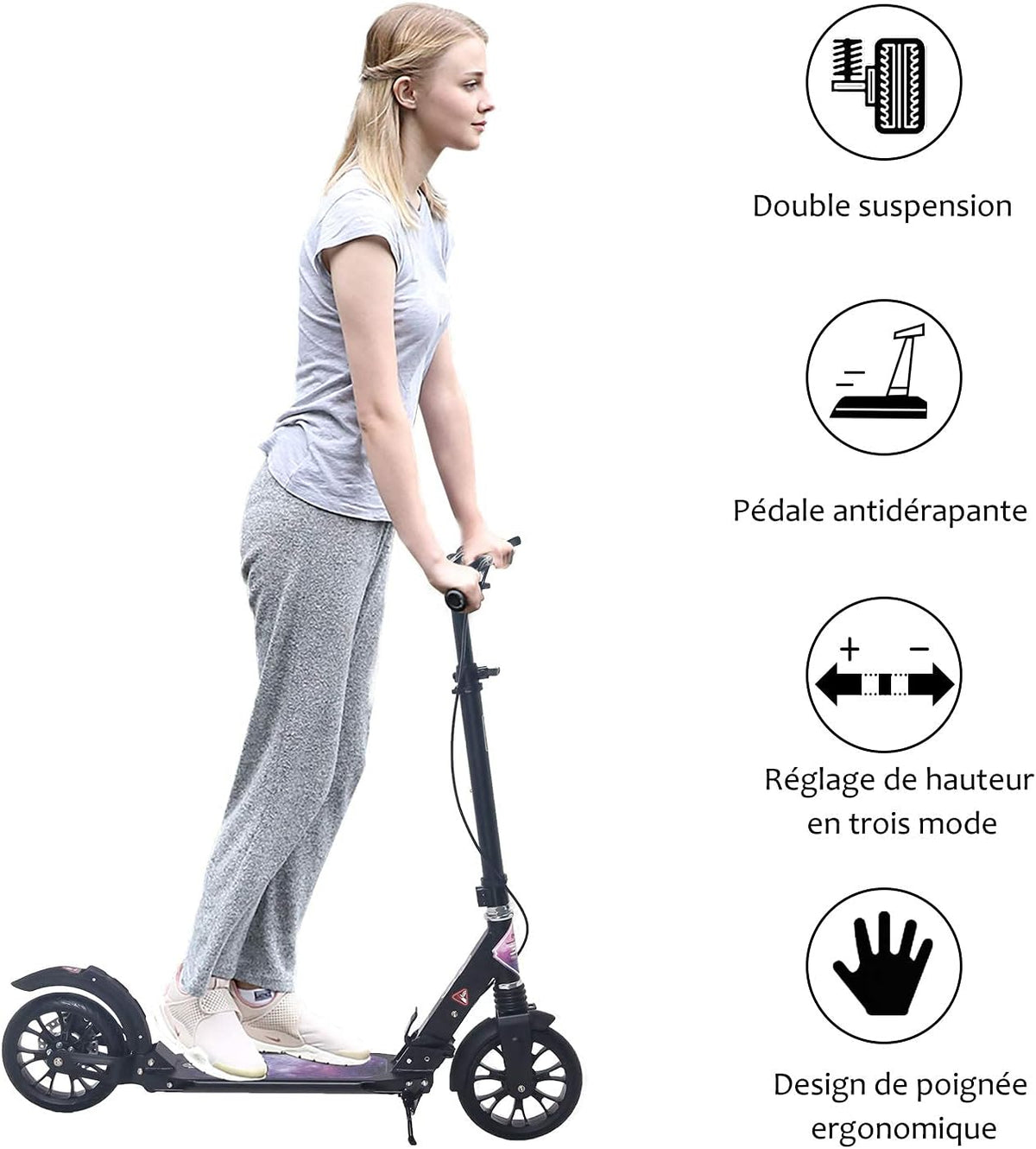 ISE Scooter van aluminium, opvouwbaar, 2 wielen, verstelbare stuurhoogte, dubbel schokabsorberend en remsysteem, groot wiel met antislipband, voor volwassenen en jongeren vanaf 12 jaar