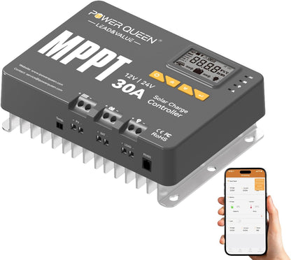 Power Queen MPPT Solar Charging Controller 12/24V 30A 900W max Bluetooth-module LCD display standaard voor LifePO4 accu compatibel met batterijen van
