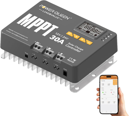 Power Queen MPPT Solar Charging Controller 12/24V 30A 900W max Bluetooth-module LCD display standaard voor LifePO4 accu compatibel met batterijen van