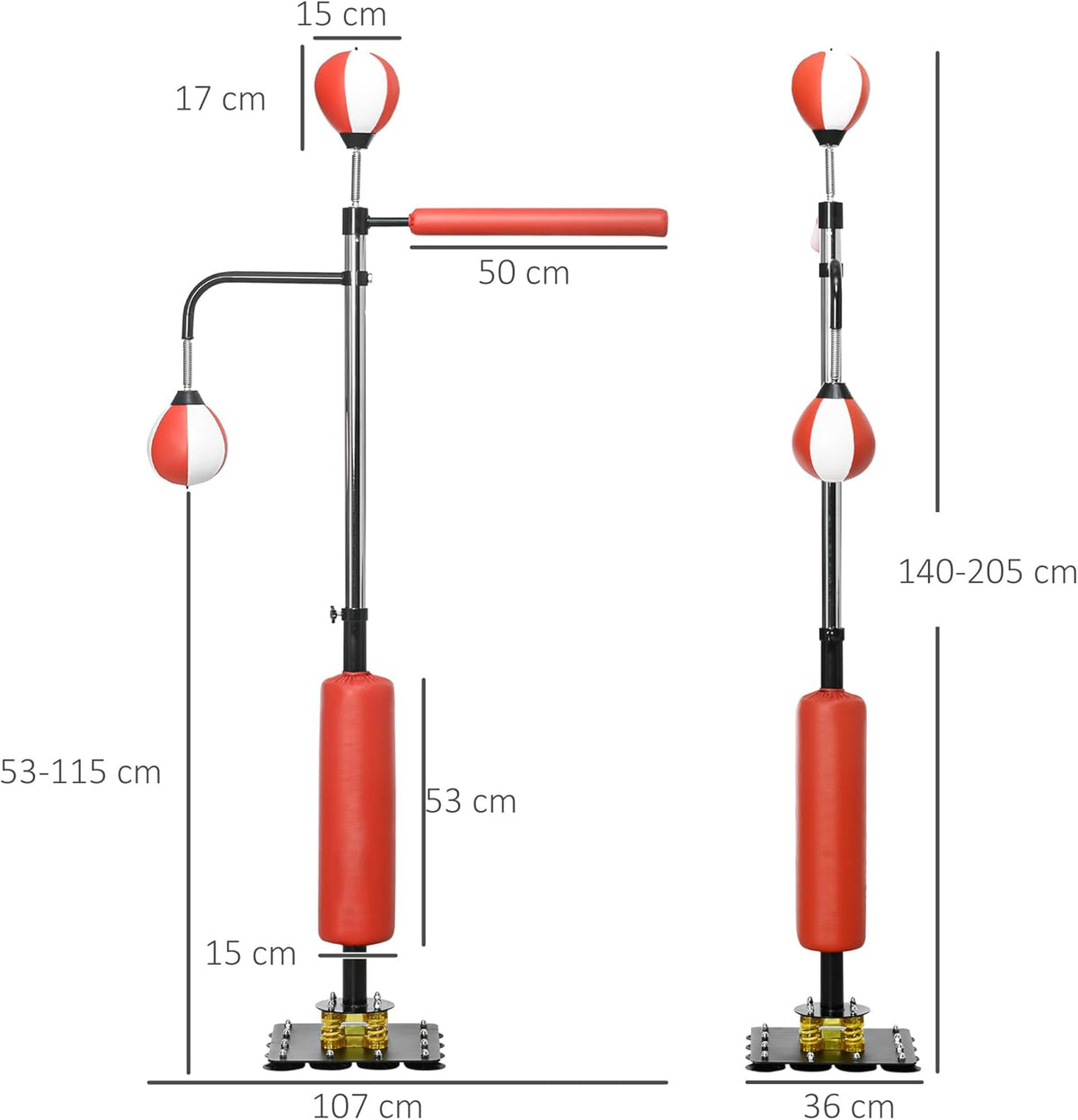Boksstandaard – Bokszak – Speedball Trainer – Boksapparaat – Kickkussen – Verstelbare Hoogte 140-205 cm – 12 Zuignappen Voor Stevige Grip - QUORE