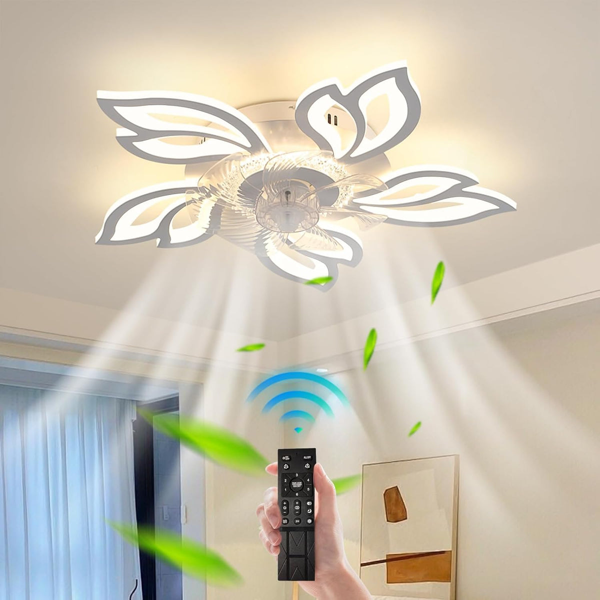 Plafondventilator met verlichting, plafondventilator met 6 snelheden, 3 kleuren, met lichtgevende afstandsbediening, inbouwplafondventilator, moderne led-kroonluchter met verlichting voor